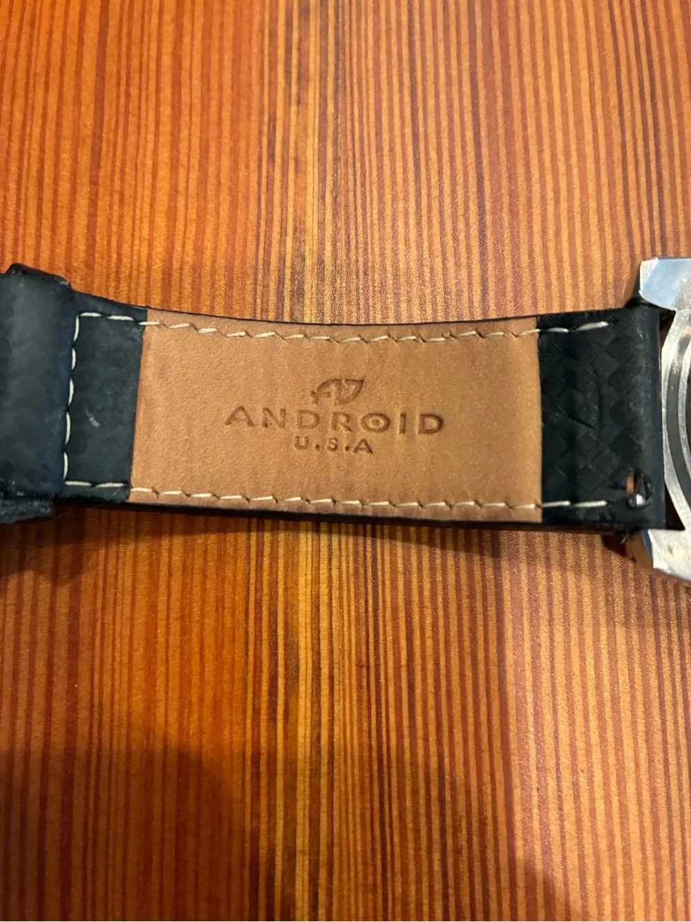 Android Men's Black Leather Watch with Yellow Stitching